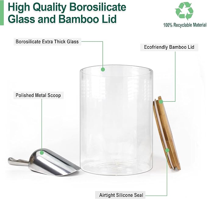 Urban Green Glass Jar with Bamboo Lids (2 sets 100oz) with Metal Scoop, Food Storage Containers with Airtight Lids, Glass Canisters sets, Flour Container Jar