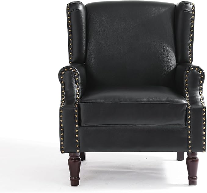 UIXE Faux Leather High Back Accent Chairs Set of 2, Upholstered Armchair for Living Room, Retro Wingback Arm Chair Nailhead Trim Single Sofa Bedroom Reading Seat with Solid Wood Legs - Black