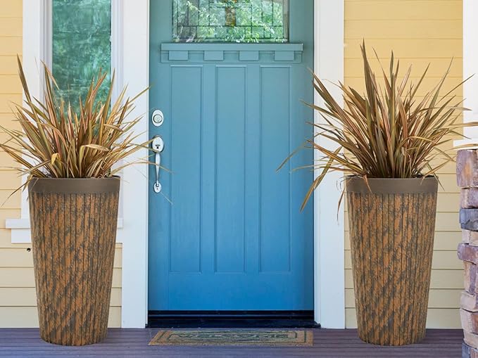 Worth Garden 22.5" H. Plastic Planters - Set of 2 Vintage Brown Tall Conical Plant Pots for Indoor Outdoor Use - Decorative Lightweight Flower Pots for Front Porch, Patio, Deck - 12.5" Dia x 22.5" H