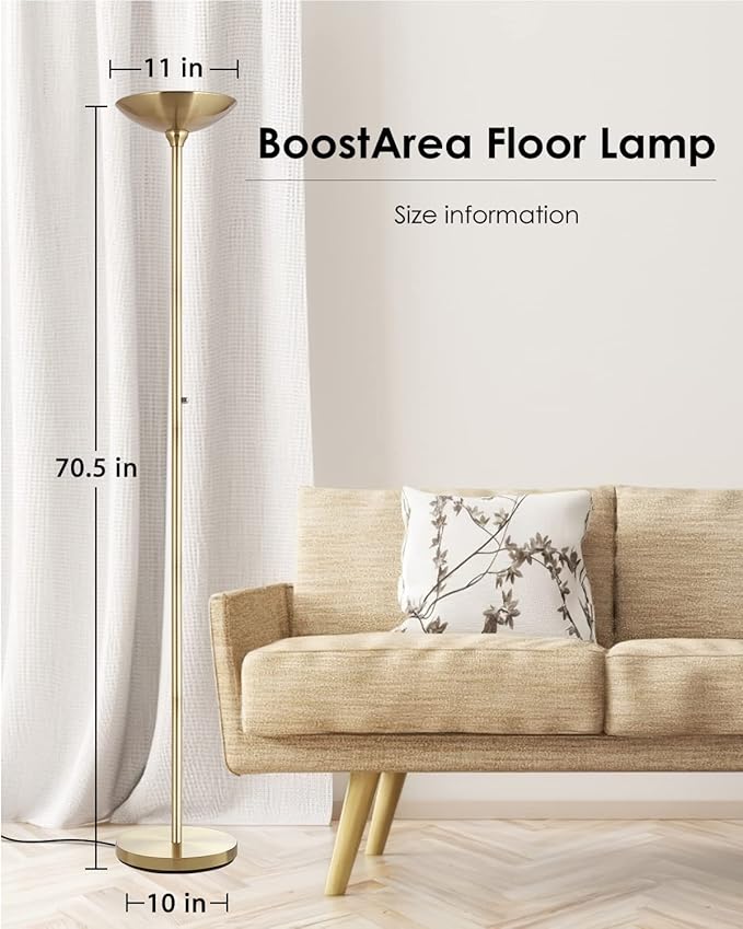 BoostArea Torchiere Floor Lamp Gold, 30W Super Bright LED Standing Lamp, 3000K Stepless Dimmable Pole Lamp with Rotary Switch, 70 Inch Tall Metal Modern Floor Lamps for Living Room/Bedroom/Office/Den