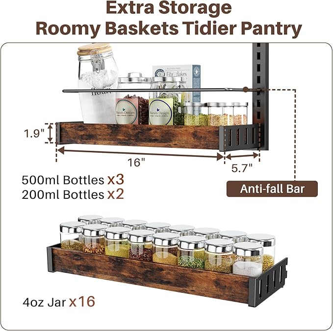 6 Tier Over The Door Pantry Organizer, 2 IN 1 Wall Mount or Metal Hanging Spice Rack for Pantry Organizers and Storage, Seasoning Shelves,Adjustable Basket with Hooks for Kitchen, Bathroom,Laundry