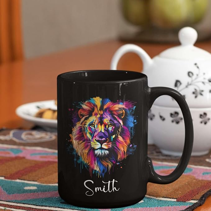 Personalized Lion Black Mug, Gift For Son Grandson, Custom Lion Coffee Cup With Name, Customized Colorful Animal Design Mug, Unique Animal Lover Cup 11oz 15oz