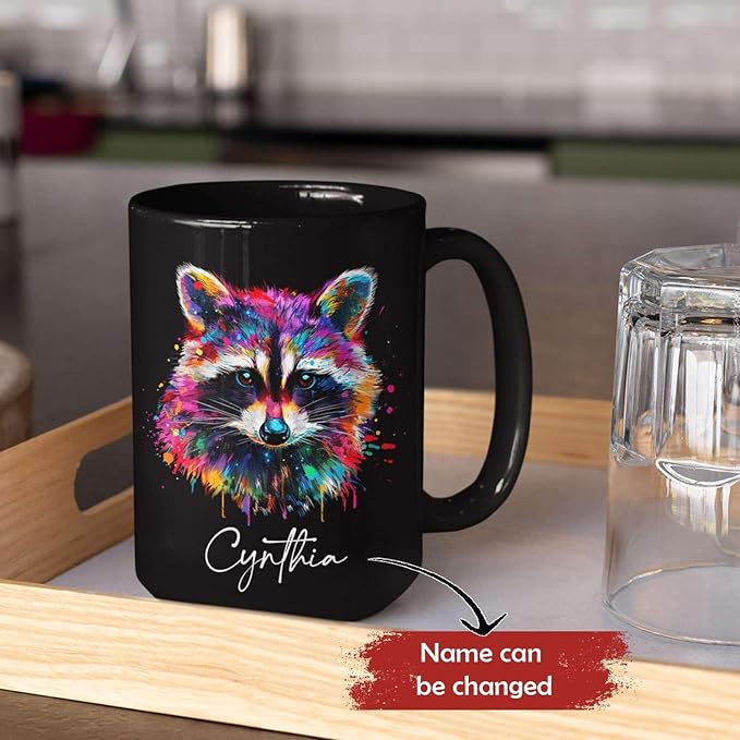 Colorful Raccoon Black Mug, Custom Choose Name Raccoon Coffee Cup, Gift For Men Women, Personalized Animal Lover Ceramic Mug, Customized Animal Design Cup 11oz 15oz