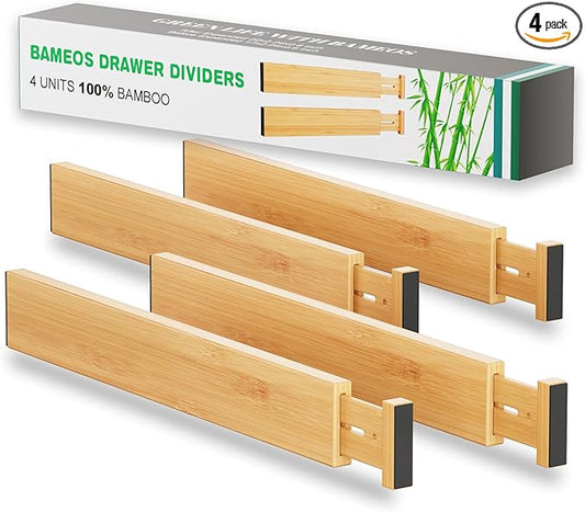 BAMEOS Drawer Dividers kitchen Organization Bamboo Utensil Organizers for Kitchen Bedroom Bathroom Dresser Office 4-pack