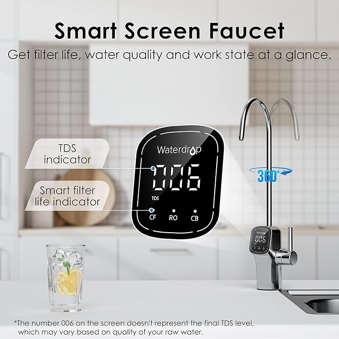 Waterdrop G3P600 Reverse Osmosis System, 8 Stage Tankless Reverse Osmosis Water Filter, NSF/ANSI 42 & 58 & 372 Certified, Under Sink RO System, 2:1 Pure to Drain, Smart LED Faucet