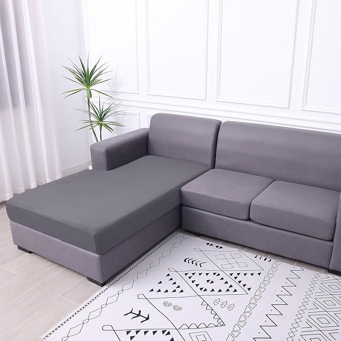 hyha Waterproof Sectional Couch Covers, Non Slip Sofa Couch Cushion Covers L Shape, Thick Stretch Jacquard Fabric, Washable Sofa Slipcovers with Elastic Bottom (1 Piece for Chaise, Middle Grey)