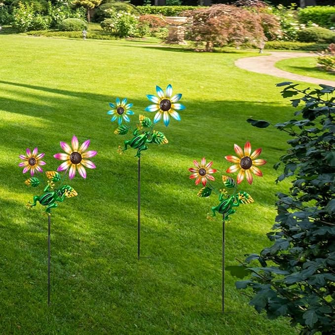 3 Pack Frog&Flowers Garden Stakes Decor,Metal Yard Art Decorative Garden Stakes,Metal Flowers Spring Outdoor Decor for Mom,Women,Grandma