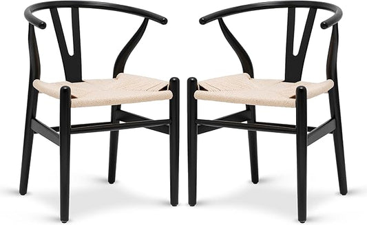 POLY & BARK Weave Dining Chairs – Mid-Century Modern Wishbone Dining Chairs with Arms, Solid Wood Frame, Indoor Use – Black – Set of 2 - Ideal for Dining Room, Kitchen or Stylish Accent Setting