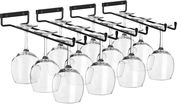 Sorbus Wine Glass Holder - 12 Inch Wall Mounted Wine Glass Rack for Under Cabinet Organization and Storage - Kitchen Shelves for Home Bar Holds Up to 4 Stemware Wine Glasses Each, 16 Total (4 Pack)