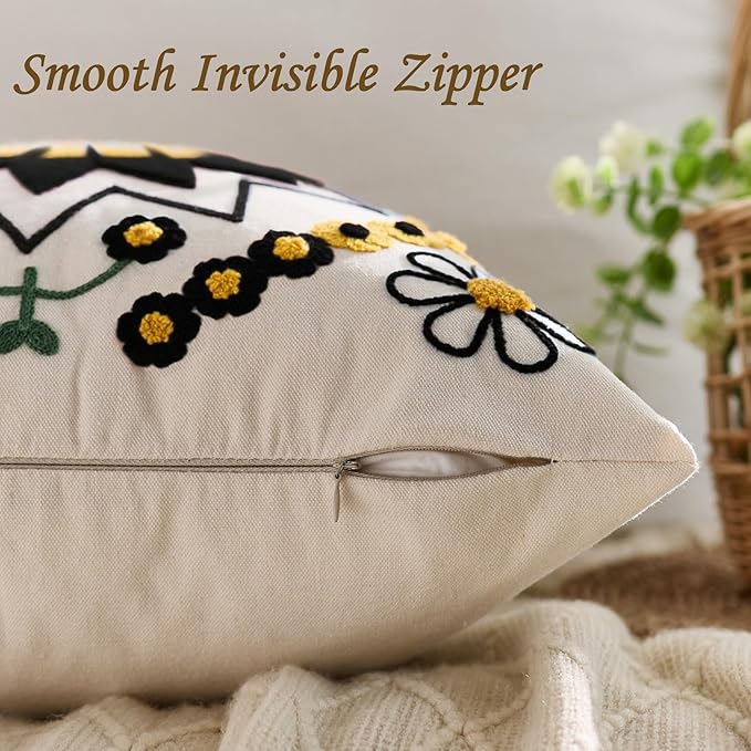 Embroidered Throw Pillow Cover 18x18 Classic Boho Floral Pattern Pillows Cover Outdoor Decorative Pillowcase,Durable Cozy Textured Cushion Case for Sofa Couch Bed Living Room,Black Orange