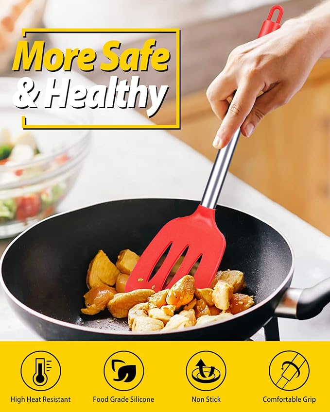 Pack of 2 Silicone Solid Turner, Non Stick Slotted Kitchen Spatulas, High Heat Resistant BPA Free Cooking Utensils, Ideal Cookware for Fish, Eggs, Pancakes(Red)