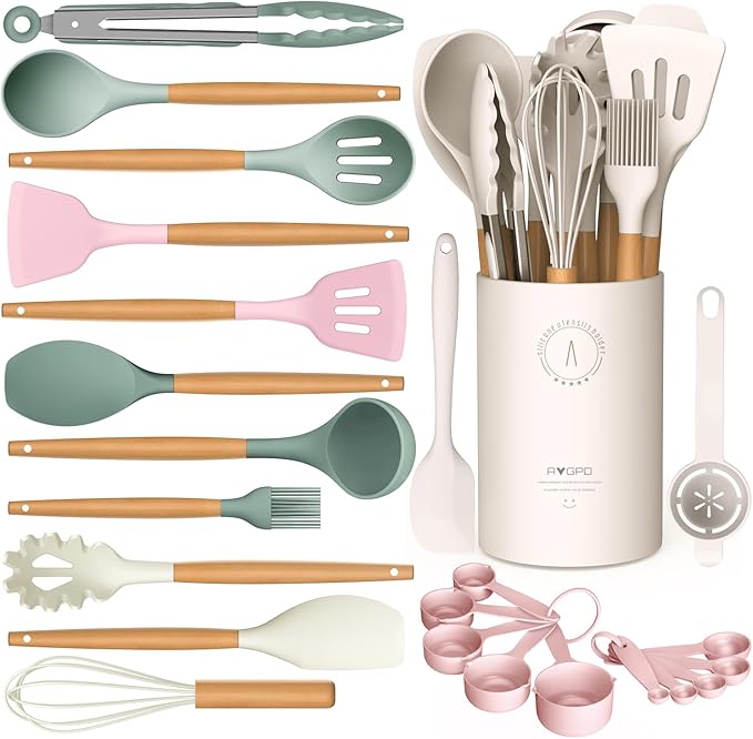 Silicone Cooking Utensils Set - Silicone Kitchen Utensils for Cooking Wooden Handles, 446°F Heat Resistant Kitchen Utensil Spatula Sets w Holder, Gadgets for Non-Stick Cookware BPA FREE (Multicolour)