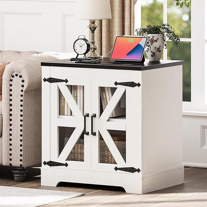 Farmhouse Side Table with Storage Cabinet, End Table with Adjustable Shelf, Large Night Stand, Wood Nightstand with Charging Station, 24" End Tables Living Room, Rustic Bed Side Tables Bedroom