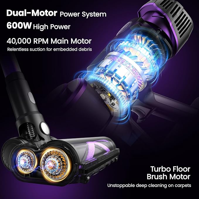 Cordless Vacuum Cleaner,600W 65KPA Dual Motor Vacuum for Home with AI Auto Suction,70Min Runtime,Stick Vacuums with Self-Standing Design,LED Headlights for Carpet,Hardwood Floors,Pet Hair,Tile