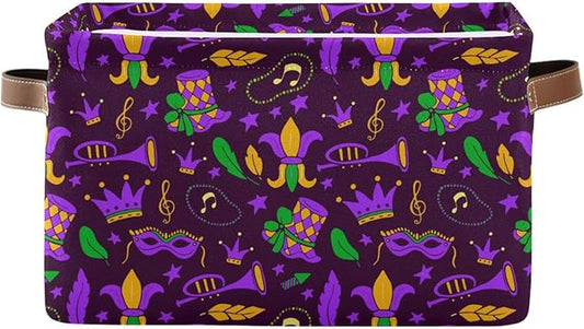 Mardi Gras Carnival Storage Basket Cube Storage Bins Organizer Bag Collapsible Closet Shelf Baskets with handle for Baby Cloth Pet Toy Book 14.2×10.2×8.3 IN