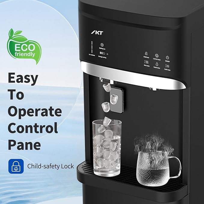 IKT Self-Cleaning Bottom Load Hot and Cold Water Cooler Dispenser with Ice Maker for 5 Gallon Bottle 22lbs Daily Capacity Perfect for Home Black