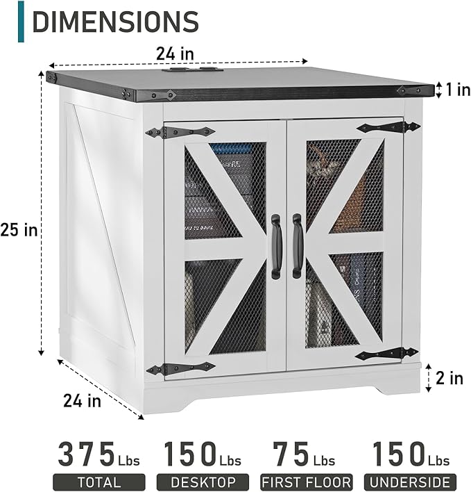 Farmhouse End Table Set of 2, 24" Large Sofa Side Table with Charging Station, Mesh Barn Door, White Nightstand with Adjustable Storage Shelf, Square Nightstand for Living Room, Bedroom