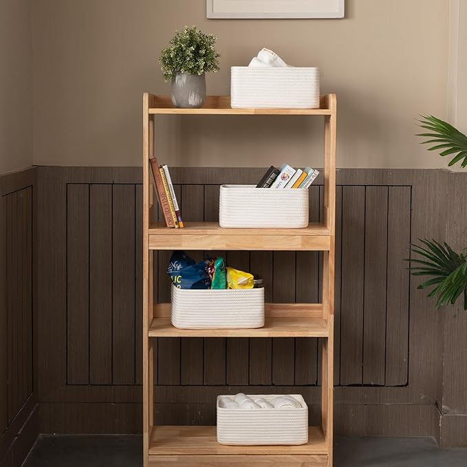 4 Pack Small Storage Shelf Baskets for Organizing, Mini Woven Rope Storage Bins for Towels, Cute Decorative Closet Organizer,Baby Nursery, Gift Empty Baskets -11.81''Lx7.87''Wx4.72''H-White