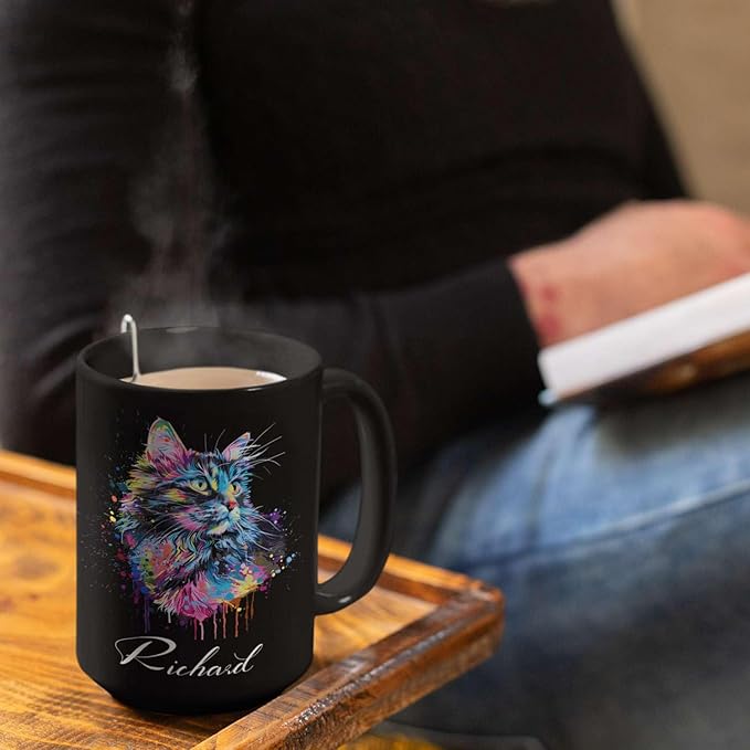 Customized Cat Ceramic Mug, Gift For Cat Pet Owner, Personalized Cat Lover Coffee Cup, Colorful Cat Design Mug For Birthday, Custom Name Cat Animal Black Cup, Unique Cat Mug 11oz 15oz