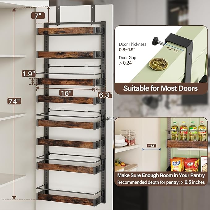 8 Tier Over The Door Pantry Organizer, 2 IN 1 Wall Mount or Metal Hanging Spice Rack for Pantry Organizers and Storage, Seasoning Shelves,Adjustable Basket with Hooks for Kitchen, Bathroom,Laundry