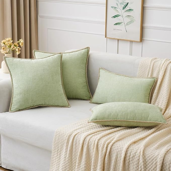 MIULEE Pack of 2 Couch Throw Pillow Covers 18x18 Inch Light Green Farmhouse Decorative Pillow Covers with Stitched Edge Soft Chenille Solid Dyed Spring Pillow Covers for Sofa Bed Living Room