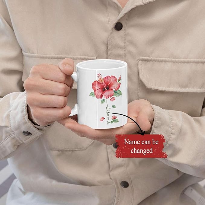 Personalized Hibiscus Blossom Design Mug, Custom Name Vibrant Flower Coffee Cup, Customized Mug For Floral Enthusiasts, Novelty Hibiscus Flower Ceramic Cup 11oz 15oz, Gift For Women
