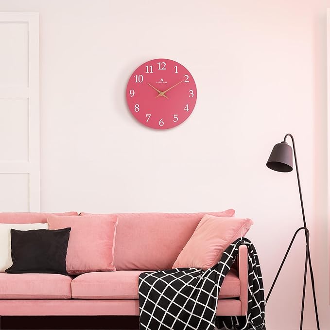 Lafocuse 12 Inch Silent Pink Wall Clock Battery Operated for Living Room Decor, Simple Minimalist Wooden Kids Pink Clock for Girls Bedroom Office