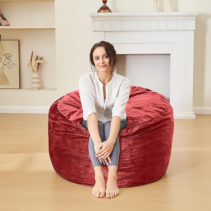 Bean Bag Chairs for Adults - Memory Foam Furniture BeanBag Chair - Kids/Teens Sofa with Soft Micro Fiber Cover - Round Fluffy Couch for Living Room Bedroom College Dorm - 3 ft, Red