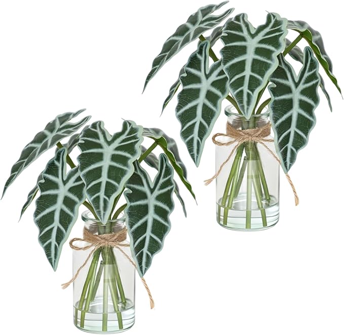 Artificial Flowers Turtle-Back, Alocasia Leaf, in Glass Vase with Faux Water,7Pcs Artificial Leaves Real Touch Latex Leaves for Centerpiece (2, Alocasia Leaf)