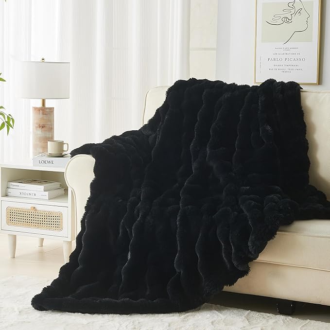 Lotus Karen Faux Fur Blanket Black - Big Bubble Rabbit Fluff King Throw for The Bed Large Fluffy Fuzzy Cozy Thick Furry Plush Shaggy Blankets 108x90 Inches