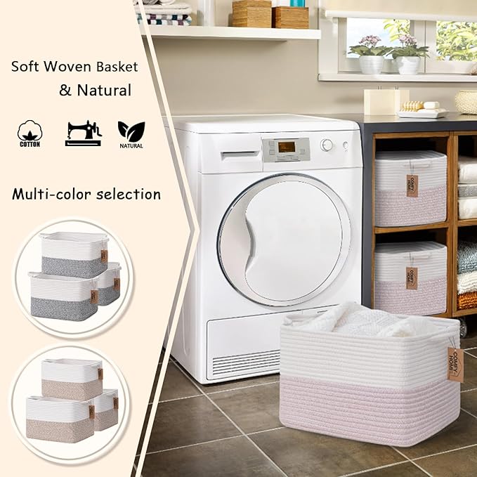 COMFY-HOMI 3PACK Cotton Rope Square baske with Handles for Shelves|Dog Toy baske Bin and Storage|Baby baske for Gift|Shoe baske for Organizing|13.5" x 11" x 9.5" for Living Room(White/Pink)