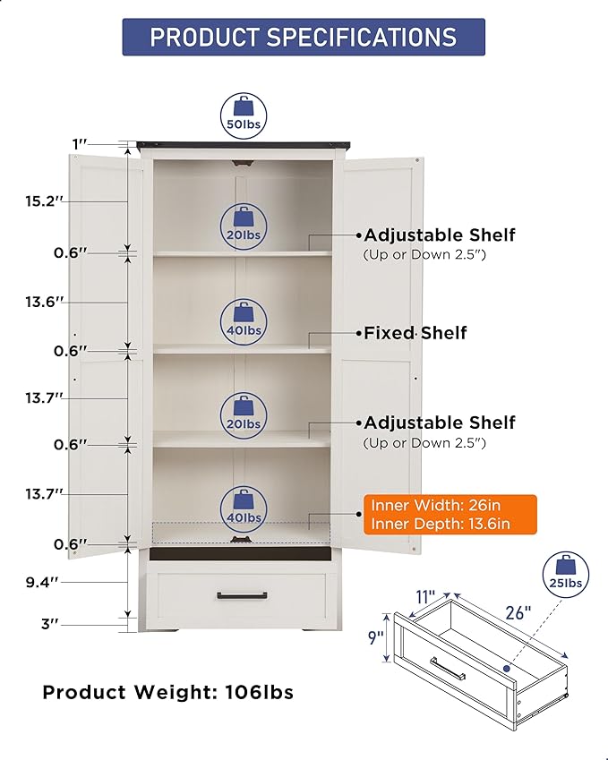 JXQTLINGMU Farmhouse Kitchen Pantry Cabinet - 72" Tall Wood Kitchen Storage Cabinets with Adjustable Shelves & 2 Barn Style Doors & Drawer, Versatile Storage for Dining Room, Bathroom, Antique White