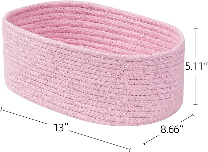 Cute Baskets for Shelf Storage Small Woven Basket to Store and Organize Daily Items/Durable Rope Basket for Living Room, Bedroom,Playroom/Oval-13x8.66x5.11’’,Stylish 3 Packs Pink