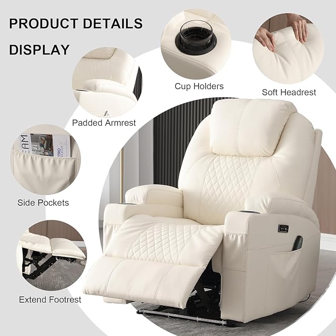 Power Recliner Chair with Heat and Massage, PU Leather Home Theater Seating with LED Lights/Cup Holders/Side Pocket/USB Port, Reclining Sofa Chair for Living Room (1, Beige)