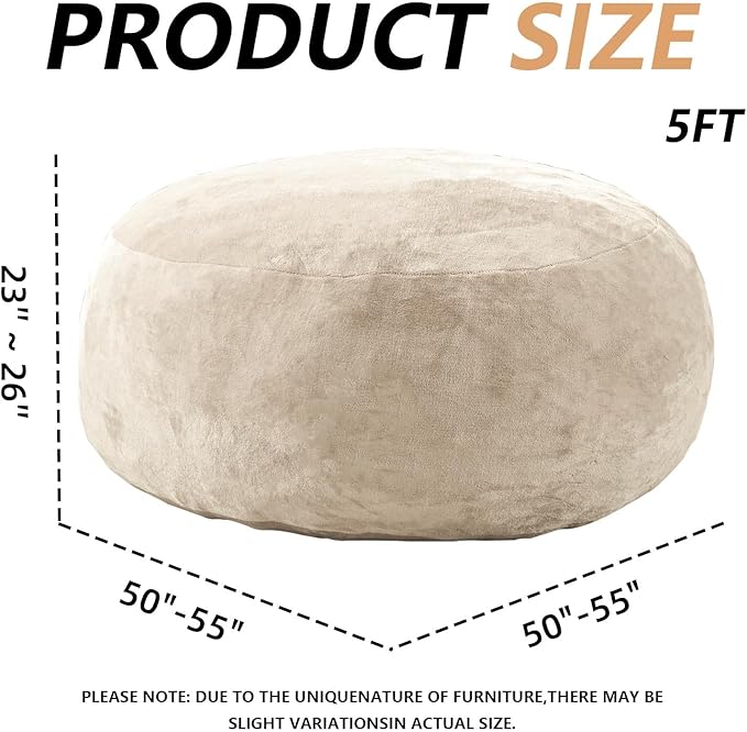 5FT,Big Bean Bag Chairs for Adults,Large beanbag with Filler Included,Memory Foam Material,Easy to Clean and Washable Corduroy Fabric,Suitable for Living Room and Bedroom (Apricot, 5 Foot)