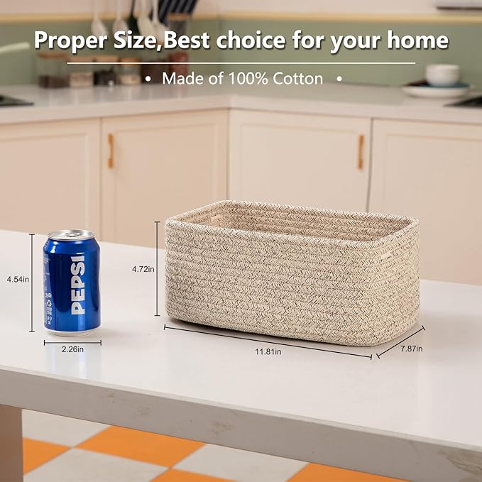 4 Pack Small Storage Shelf Baskets for Organizing, Mini Woven Rope Storage Bins for Towels, Cute Decorative Closet Organizer,Baby Nursery, Gift Empty Baskets -11.81''Lx7.87''Wx4.72''H'-Brown