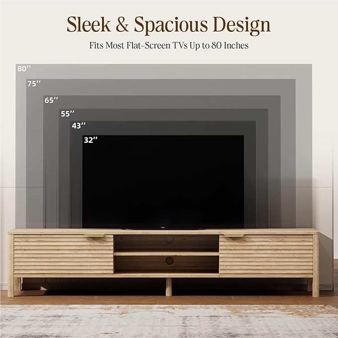 TV Stand for Living Room - up to 80 Inch TVs Mid Century Modern Entertainment Center with Storage and Adjustable Shelves, Media Console Table Oak 70"