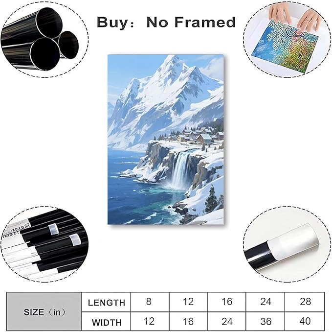 Winter lakeside town and snowy scenery merge together to form a landscape poster wall art suitable for living room bedroom and office