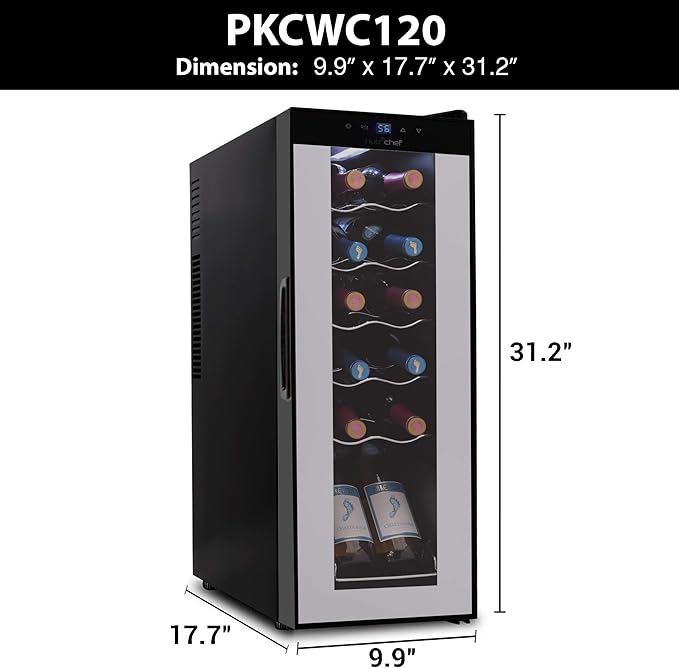 NutriChef PKCWC120 White & Red Cooler-Freestanding Countertop Compact Mini Wine Fridge Chiller Capacity, Digital Control, Glass Door, 12 Bottle-Black