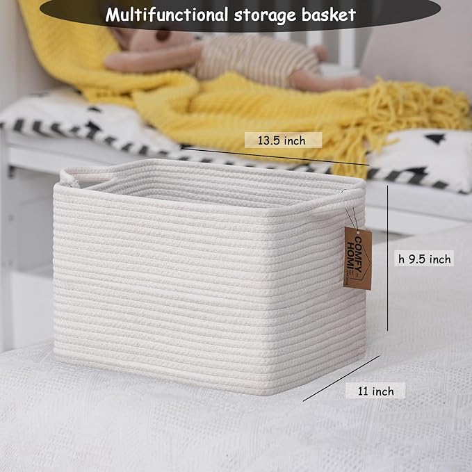 COMFY-HOMI 3PACK Cotton Rope Square Basket with Handles for Shelves|Dog Toy Basket Bin and Storage|Baby Basket for Gif|Shoe basket for Organizing|New13.5" x 11" x 9.5" for Living Room(All White)