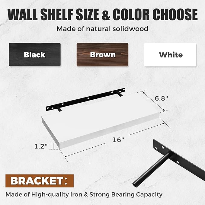 Floating Wall Shelves - 16"x6.8"x1.2" Sturdy Rustic White Solid Wood Shelves for Storage and Décor, Easy Installation for Living Room, Bedroom, and Kitchen - 2 Pack