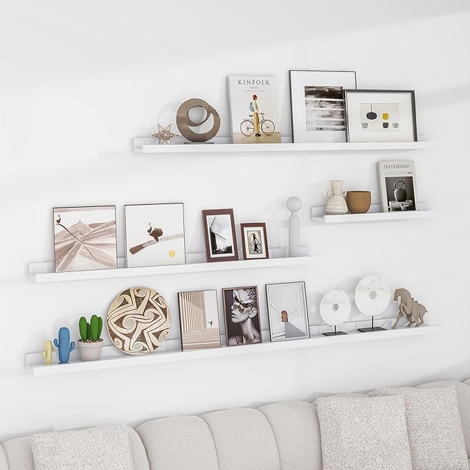 Solid Ash Wood Picture Ledge Shelf, Floating Shelves Set of 2, 56 Inch Long Large Ledge Shelves, Nursery Book Shelves Wall Mounted for Living Room Bedroom Kitchen Decor Kids Bookshelf, White