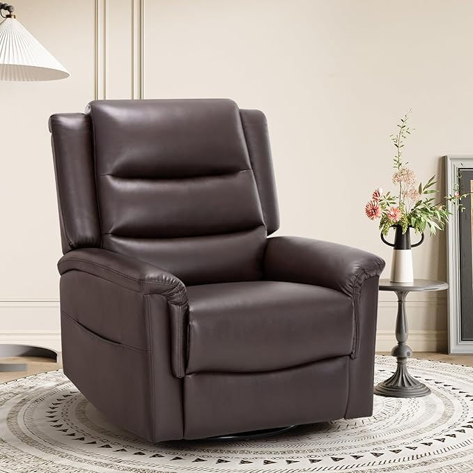 COLAMY Oversized Leather Recliner Chair, 360°Swivel Rocking Manual Recliner with Thick Cushioned Padding Backrest and Wide Seat - Darkbrown