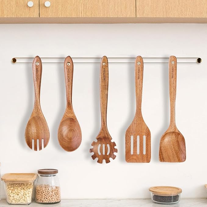 Wooden Spoons for Cooking - 5-Piece Wooden Kitchen Utensil Set made of Natural Solid Wood Material - Includes Salad Spoons, Spaghetti Spoon, Salad Fork, Flat Spatula,Slotted Spatula(A05)