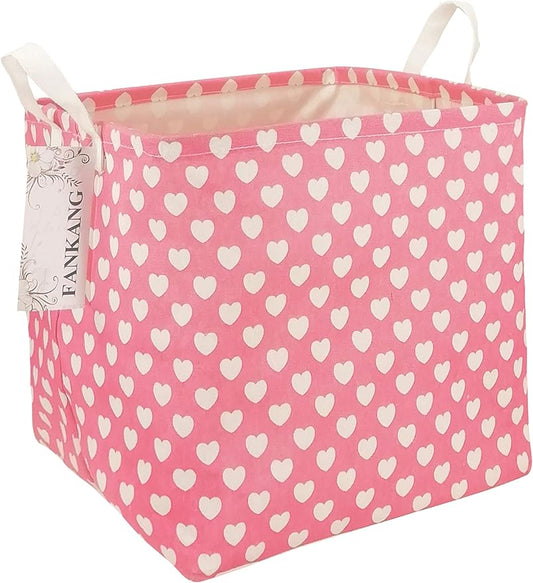 FANKANG Square Nursery Hamper Storage Bins Canvas Laundry Basket Foldable with Waterproof PE Coating Storage Baskets Gift Baskets for Children, Office, Bedroom, Clothes(Square-Pink Heart )