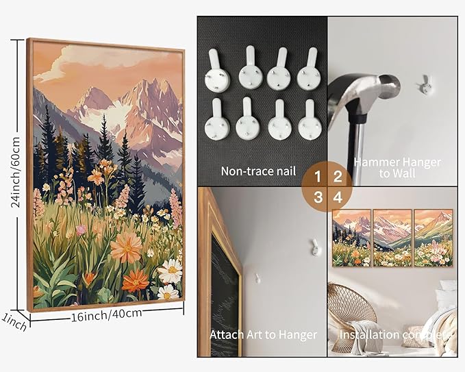 SIGNINART Vintage Floral Framed Canvas Wall Art Set, Large Mountains Nature Landscape Wall Decor, Bohemian Wildflower Forest Artwork, Pink Ridge Art Printing for Living Room Bedroom Office 16"x24"x3