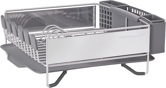 KitchenAid Compact Space Saving, Dish Rack with Removable Flatware Caddy and Angled Self Draining Drainboard, Satin Gray, 15-Inch-by-13.25-Inch