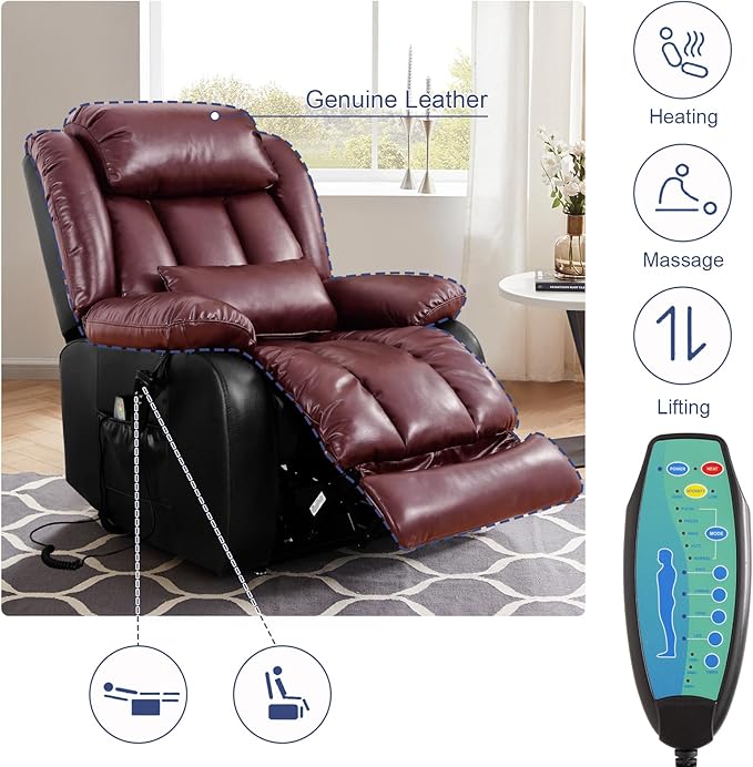 MAEVIS Large Genuine Leather Power Lift Recliner Chair, Dual Motor Recliner for Elderly,Extended Footrest and Lumbar Pillow for Tall Man,with Heat and Massage, USB and Type-C Ports(Black)