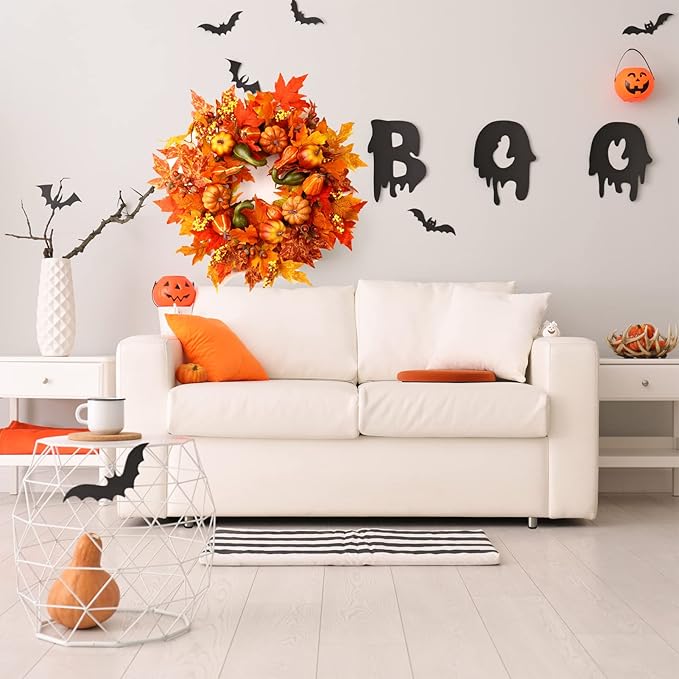 24 Inch Fall Wreaths for Front Door, Fall Decorations for Home,Fall Wreath,Autumn Wreath with Pumpkins Berries Maple Leaves for Thanksgiving Halloween Decorations Indoor Outdoor Outside Fall Decor
