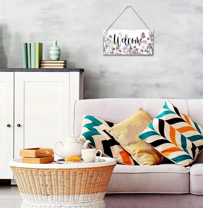 Welcome Decor Sign, Hanging Wood Sign Home Decorative, Printed Wood Wall Art Sign, Flower Welcome Sign, Yard Garden Welcome Sign, Porch Decor Sign, Farmhouse Front Door Decor Sign 12 * 6inch